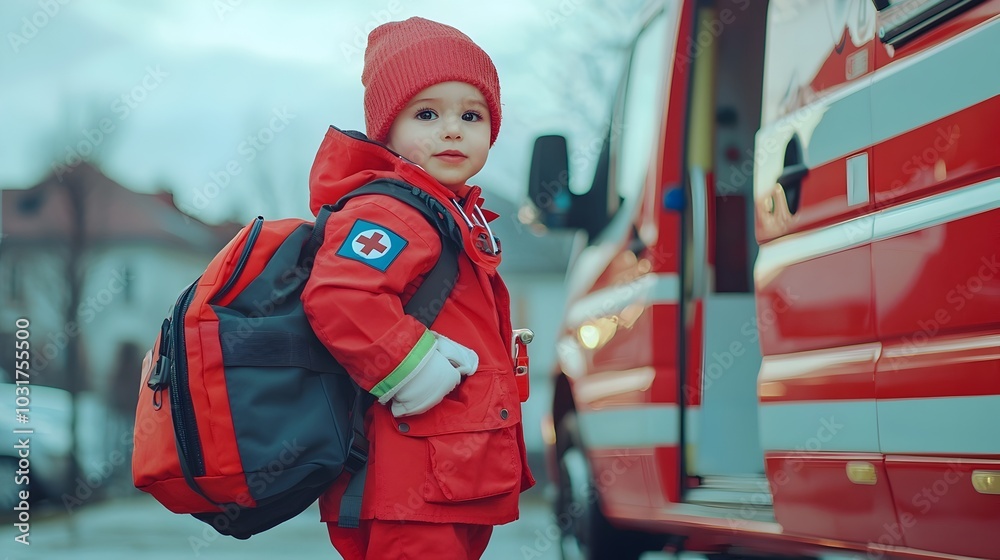 Obraz premium Child Paramedic in Red Uniform Ready to Provide Emergency Care