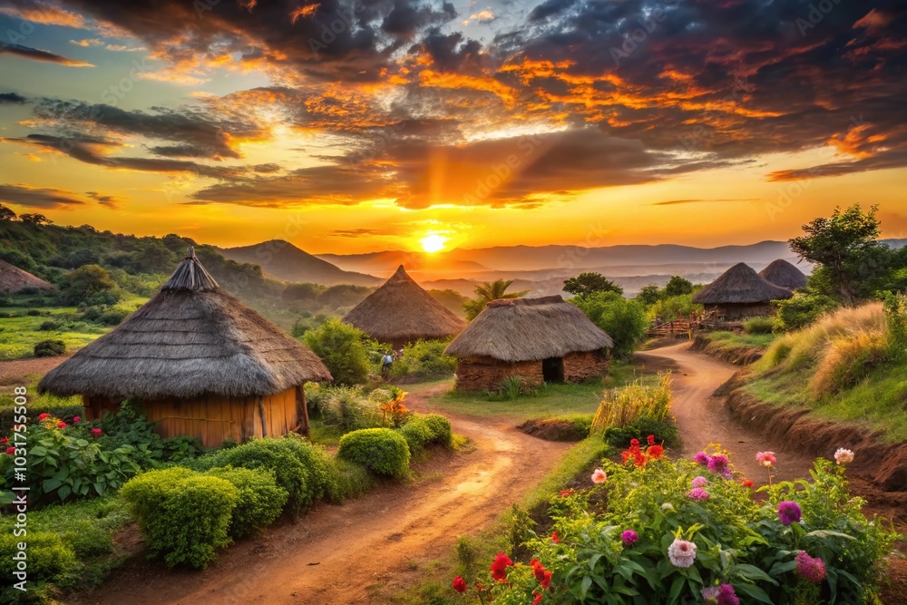 Vibrant African Village Landscape with Traditional Elements and Scenic Beauty Vibrant African Village Landscape with Traditional Elements and Scenic Beauty