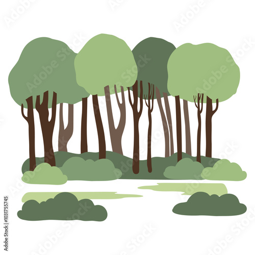 hand-drawn vector illustration depicts a picturesque summer landscape in a serene park. The minimalist style emphasizes the beauty of nature, warmth and joy of outdoor spaces.
