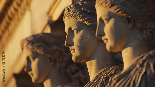 A close-up of the Caryatids on the Erechtheion at the Acropolis their delicate features bathed in soft afternoon light. photo