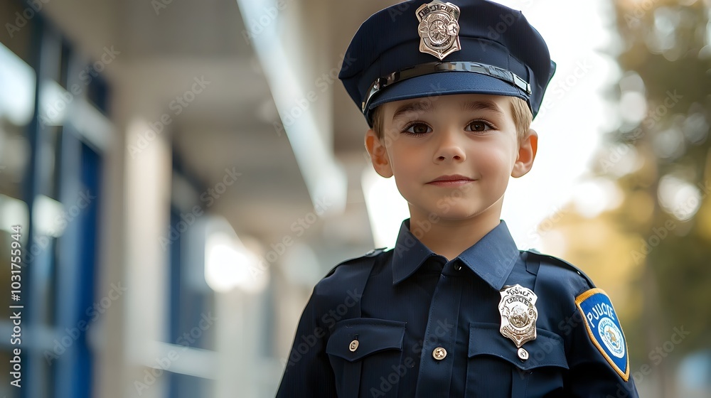 Young Uniformed Police Officer Standing at Station Entrance Ready to Serve the Community Young Uniformed Police Officer Standing at Station Entrance Ready to Serve the Community