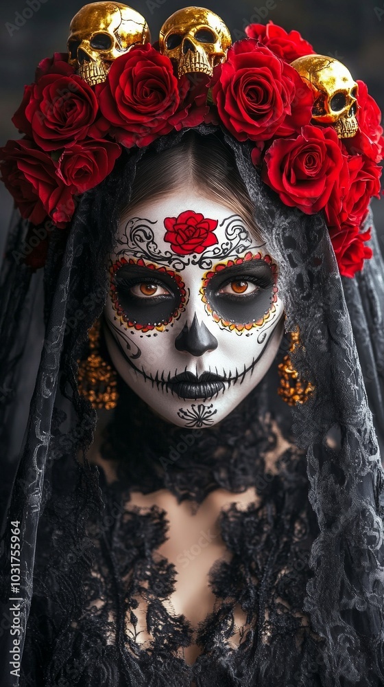 During the Day of the Dead celebration, a woman showcases her elaborate costume featuring intricate face paint, vibrant roses, and decorative skulls, embodying cultural traditions During the Day of the Dead celebration, a woman showcases her elaborate costume featuring intricate face paint, vibrant roses, and decorative skulls, embodying cultural traditions