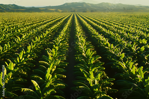 A banana plantation with rows of green banana plants in a tropical setting, showcasing agricultural abundance and natural growth
