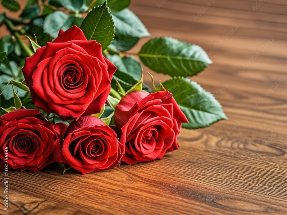 flower head of red roses on wooden table,