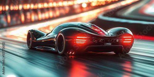 Black hypercar with a sleek body design, racing through a glowing futuristic tunnel