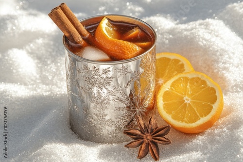 A refreshing winter beverage with orange slices, cinnamon sticks, and star anise.