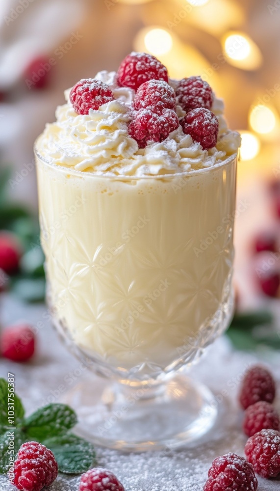 A creamy, decadent dessert topped with fresh raspberries and a swirl of whipped cream. A creamy, decadent dessert topped with fresh raspberries and a swirl of whipped cream.
