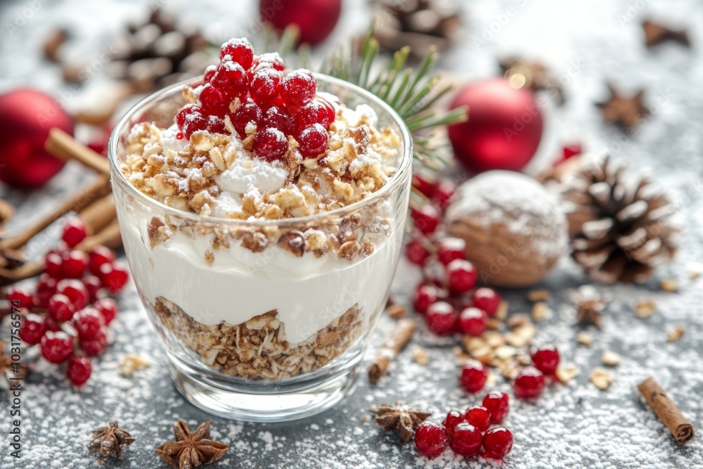 A festive parfait with layers of granola, yogurt, and red berries, perfect for a holiday breakfast or dessert. A festive parfait with layers of granola, yogurt, and red berries, perfect for a holiday breakfast or dessert.