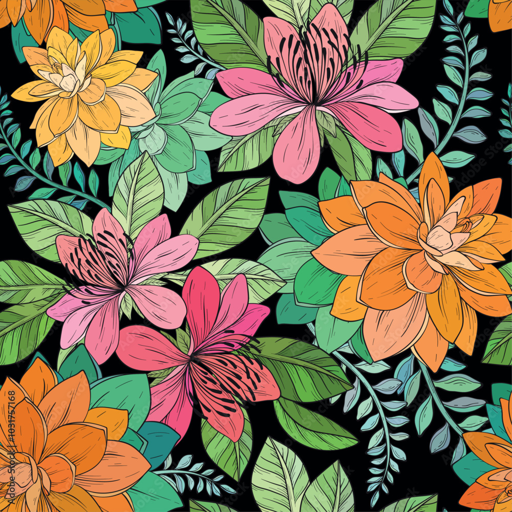 Seamless pattern with Tropical plants, flowers and leaves on black background. Seamless pattern with Tropical plants, flowers and leaves on black background.