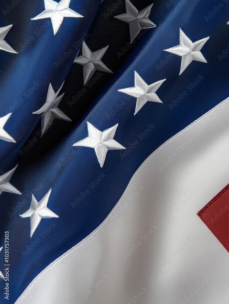 Fototapeta premium A close-up view of the American flag, showcasing the intricate details of the stars and stripes, symbolizing freedom, patriotism, unity, and national pride.