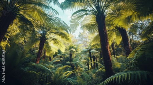 Lush green rainforest with tall palm trees and vibrant foliage