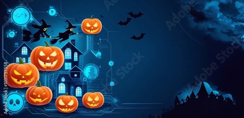 Happy Halloween party poster. Pumpkin in 3d illustration style. spider, flying ghost bat. Brochure layout template and banner design. digital tech Connected lines electric light and neon blue quantum photo