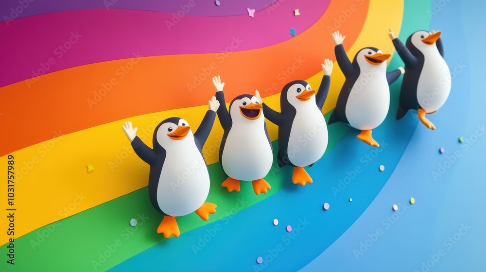Obraz premium Playful cartoon penguins dancing on a rainbow background with colorful confetti