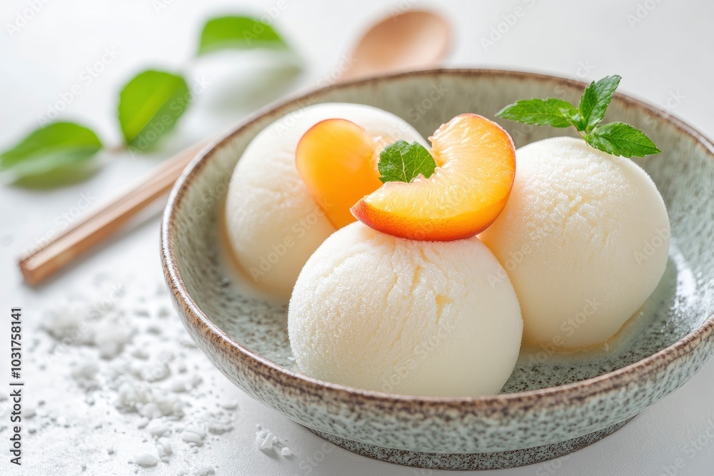 Japanese ice cream Mochi with peach, in rice dough. Traditional Japanese dessert on white background. Selective focus, copy space - generative ai Japanese ice cream Mochi with peach, in rice dough. Traditional Japanese dessert on white background. Selective focus, copy space - generative ai