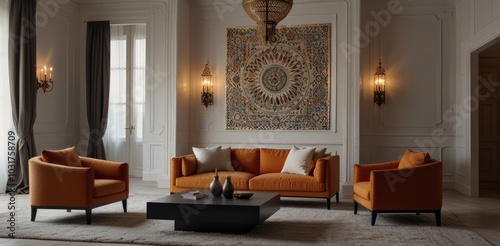 minimalist moroccan style interior design living room. Moroccan living room, rich Moorish style, Marrakech evening view.