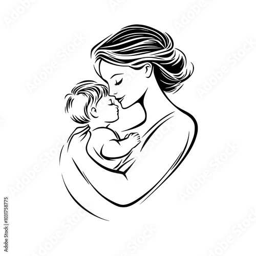 Mother holding child in tender embrace illustration, Black-and-white illustration of a mother lovingly cradling her child in a tender embrace, symbolizing maternal love and care, isolated on white.

