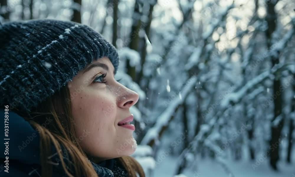 A young woman with a blue knitted hat and a soft smile on her face looks up as snow falls around her.