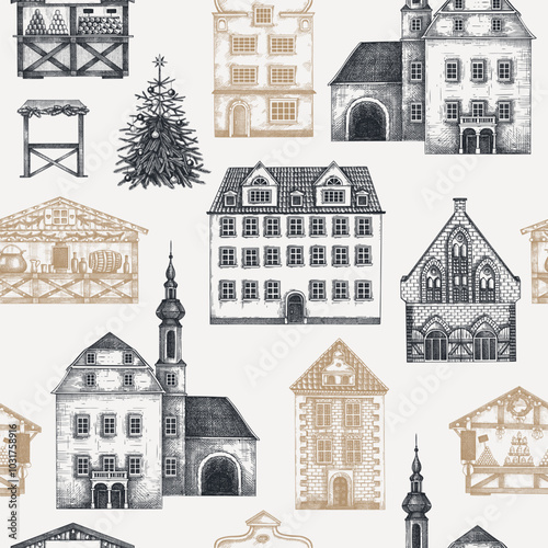Vintage Christmas background. Old houses seamless pattern. Christmas market. City architecture hand-drawn vector illustration. NOT AI generated