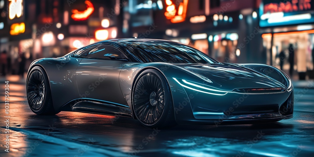 silver electric sports car in a neon-lit urban environment silver electric sports car in a neon-lit urban environment