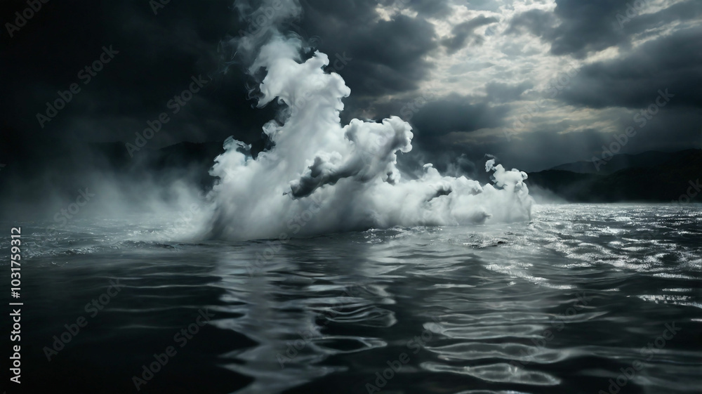 Fototapeta premium Black and white smoke and mist over water surface with copy space 