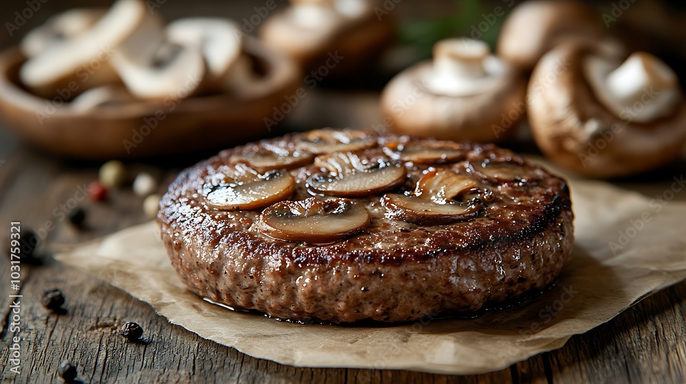 a gourmet mushroom-based burger patty with fresh ingredients, ready for grilling on a rustic background. a gourmet mushroom-based burger patty with fresh ingredients, ready for grilling on a rustic background.