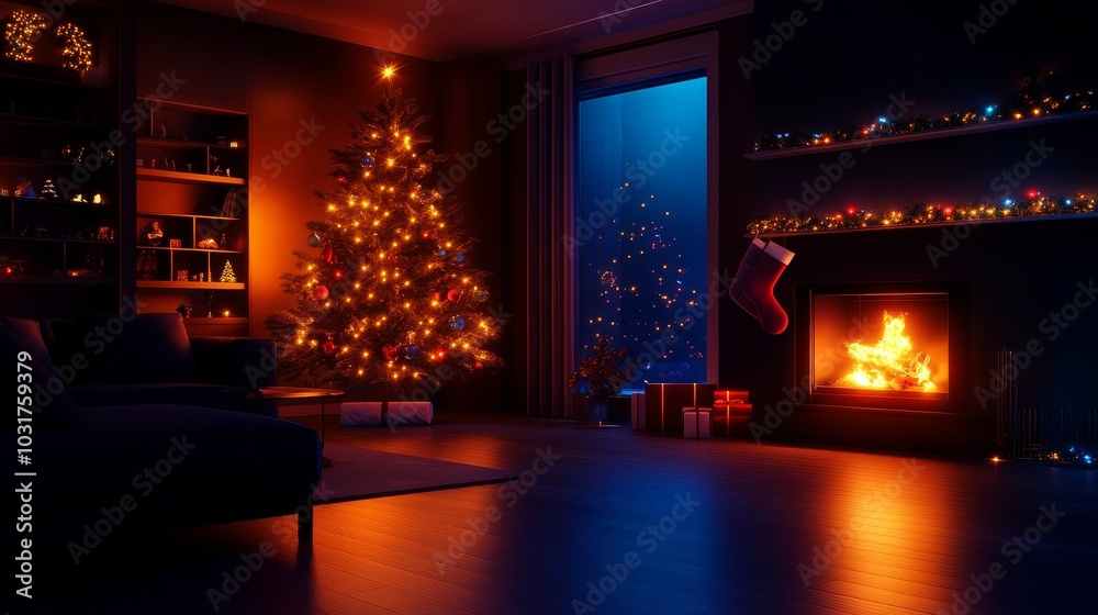 A cozy Christmas living room interior with a decorated tree, fireplace, and festive lights. The warm glow of the fire creates a welcoming atmosphere.