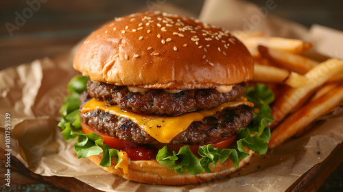 A classic burger with a thick beef patty, cheddar cheese, lettuce, and tomato, with a side of fries