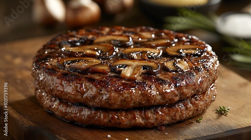 a gourmet mushroom-based burger patty with fresh ingredients, ready for grilling on a rustic background.  photo