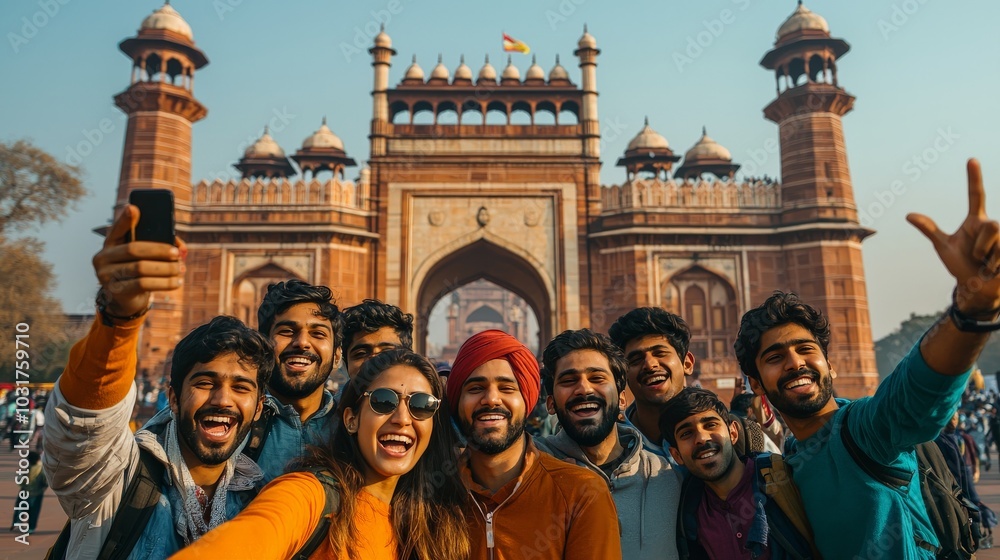 Fototapeta premium A group of Indian friends taking selfies in front of a famous city landmark, enjoying their time together,