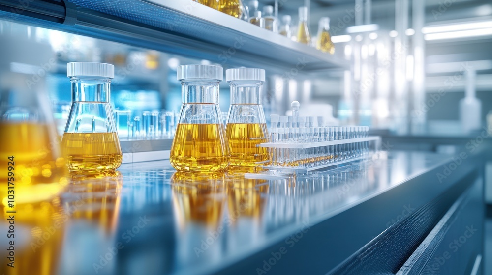 Laboratory Flasks and Test Tubes with Yellow Liquid Laboratory Flasks and Test Tubes with Yellow Liquid