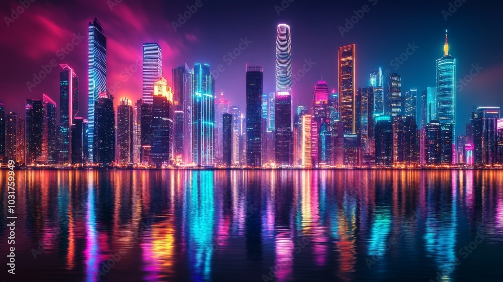 Fototapeta premium Neon Cityscape Reflection