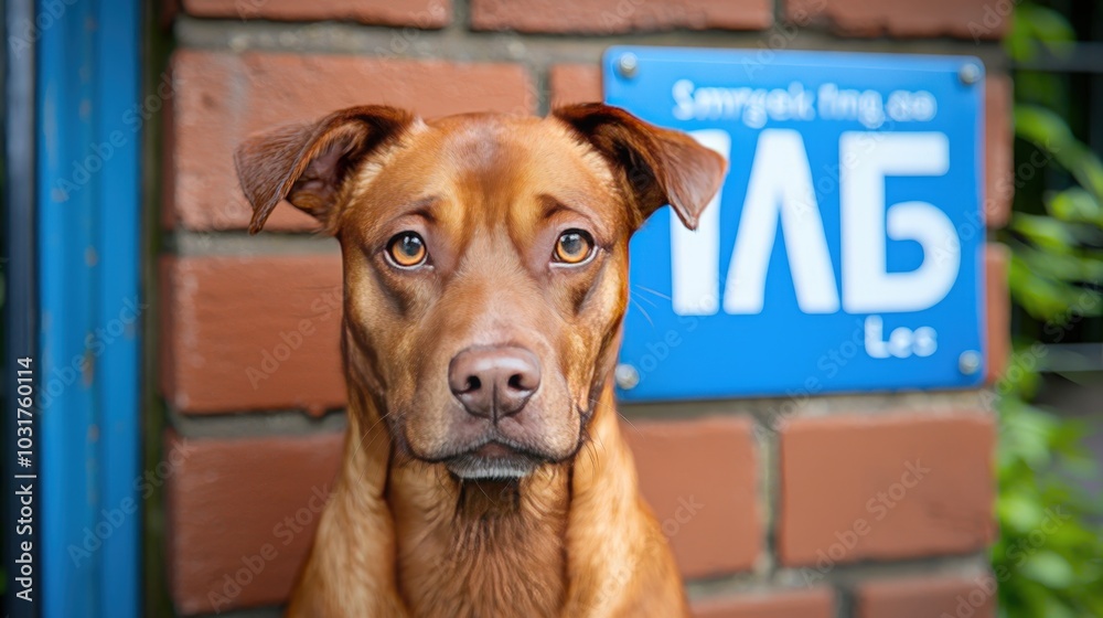 Brown Dog Portrait with Blue Sign and Brick Wall Background Brown Dog Portrait with Blue Sign and Brick Wall Background