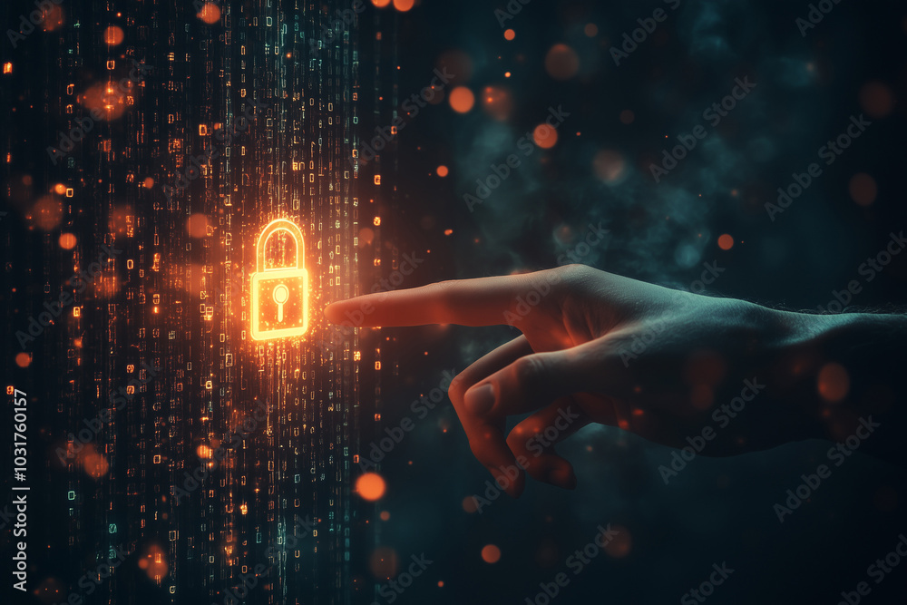 person hand hovering over a glowing digital padlock. symbolizing secure data. person hand hovering over a glowing digital padlock. symbolizing secure data.