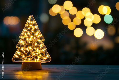 LED lamp christmas tree shape with snowfall and gift box. photo