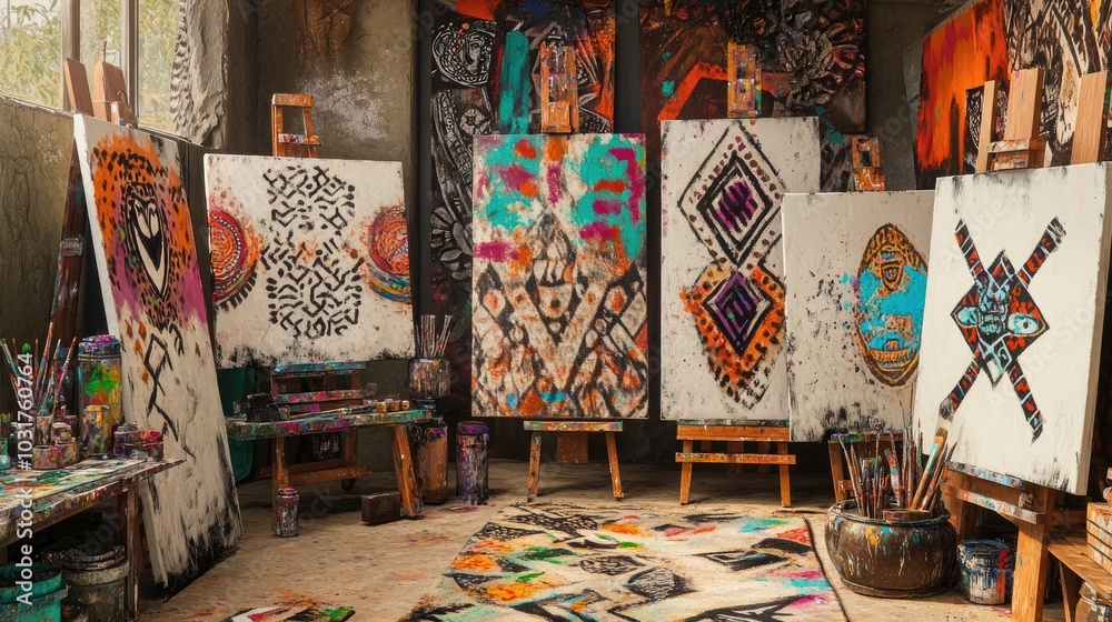 An eclectic art studio with tribal design elements An eclectic art studio with tribal design elements