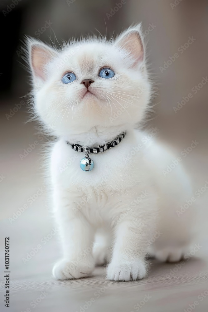 A white kitten with blue eyes and a black collar sits on the floor, wearing a bell around its neck A white kitten with blue eyes and a black collar sits on the floor, wearing a bell around its neck