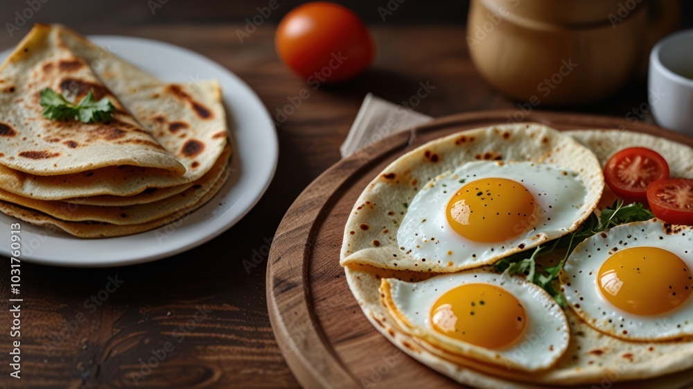 A wooden cutting board with three fried eggs on a tortilla, served with cherry tomatoes and parsley, with a stack of tortillas on a white plate in the background. A wooden cutting board with three fried eggs on a tortilla, served with cherry tomatoes and parsley, with a stack of tortillas on a white plate in the background.