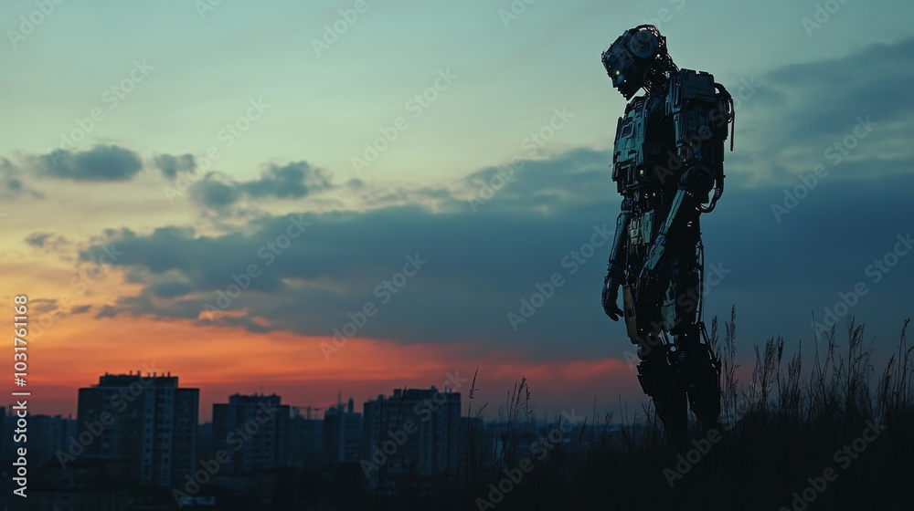 Fototapeta premium Robotic Figure Overlooking Cityscape at Sunset