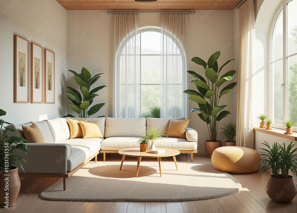 Fototapeta premium Modern minimalist living room interior design with large arched windows bathing the room in sunlight
