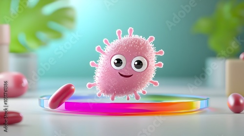 Cute Cartoon Bacterium Floating in Colorful Petri Dish photo