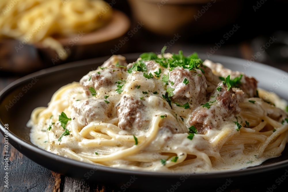 Pasta spaghetti in cream sauce with meat on a plate - generative ai Pasta spaghetti in cream sauce with meat on a plate - generative ai