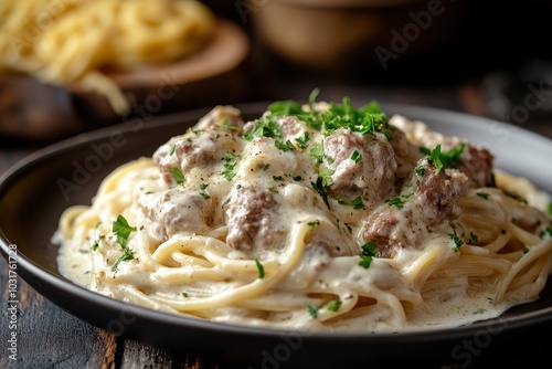 Pasta spaghetti in cream sauce with meat on a plate - generative ai