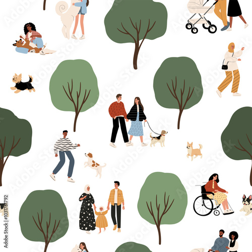 seamless pattern features playful puppies and diverse people enjoying a park setting. The vibrant illustration celebrates multiculturalism and creates a cheerful backdrop for various applications.