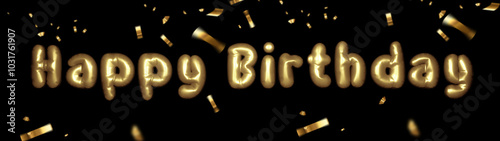 Golden Happy Birthday font, balloon inflation font, black background, falling golden ribbon photo