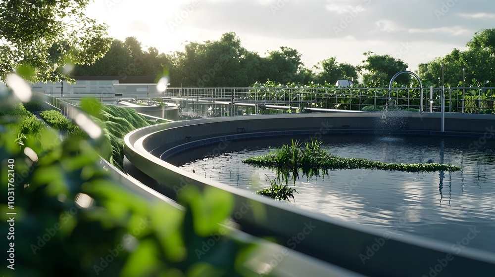 Fototapeta premium Futuristic Wastewater Treatment Plant with High Tech Purification and Lush Greenery
