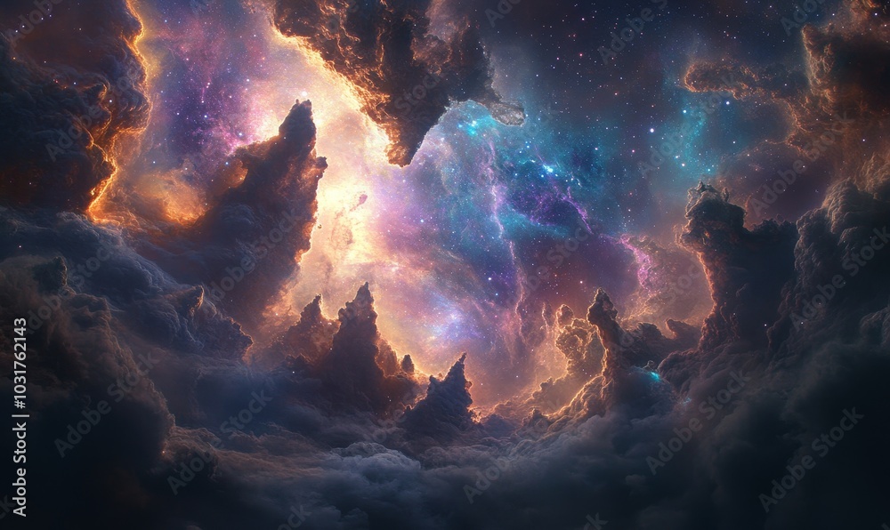 A starry sky over a rocky, icy landscape. A starry sky over a rocky, icy landscape.