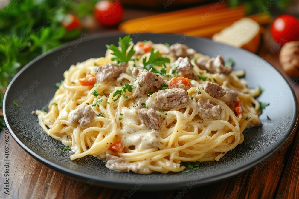 Pasta spaghetti in cream sauce with meat on a plate - generative ai Pasta spaghetti in cream sauce with meat on a plate - generative ai