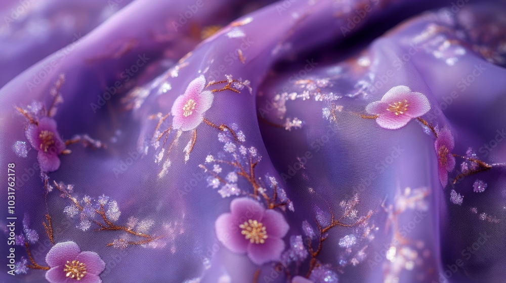 Purple Silk Fabric with Floral Embroidery Purple Silk Fabric with Floral Embroidery
