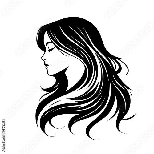 Elegant woman with flowing hair silhouette, Black-and-white silhouette of a woman's profile with flowing hair, showcasing elegance and beauty, isolated on a white background.