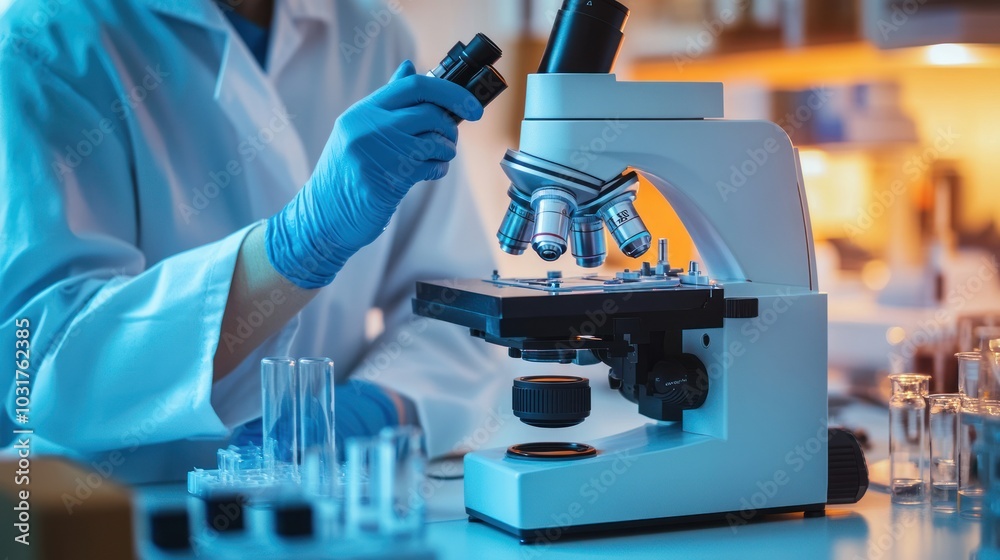 Scientist Adjusting a Microscope in a Lab Scientist Adjusting a Microscope in a Lab